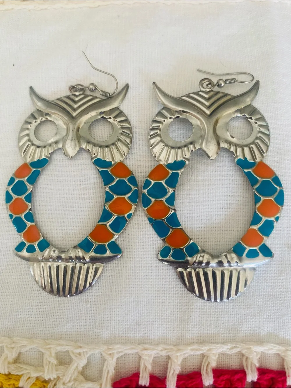 Silver Owl Dangle Earrings with Turquoise & Orange Inlay
